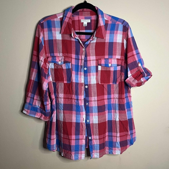 croft & barrow Tops - Croft & Barrow Pink Blue And White Plaid Lightweight Flannel Shirt